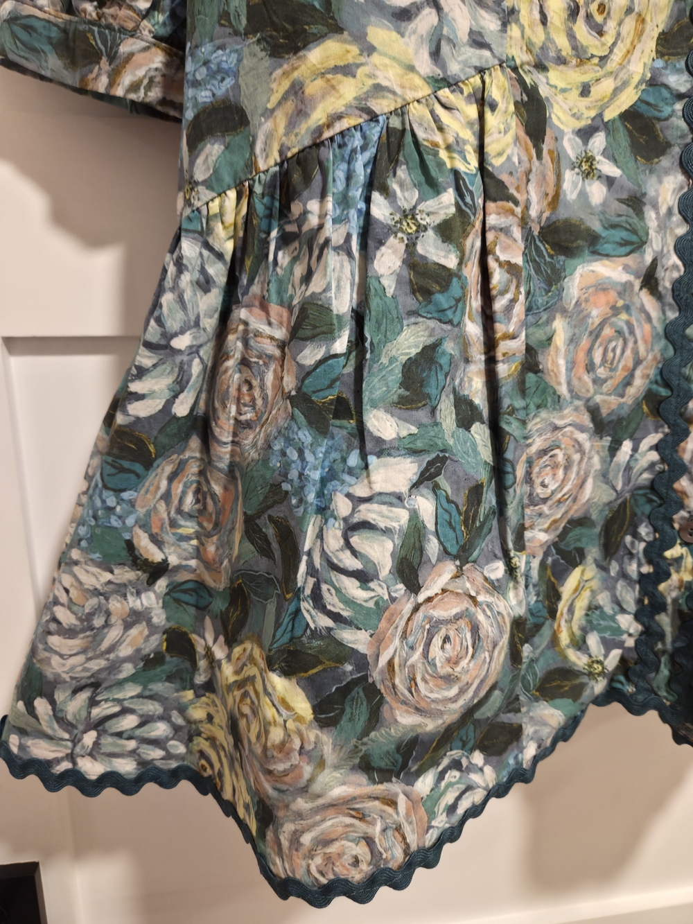 Entro Teal Green Floral Ric-Rac Scallop Mini Dress Cotton Pockets Size M - Picture 10 of 10